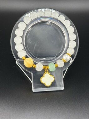 Handmade White Bead Bracelet with Gold Clover Charm